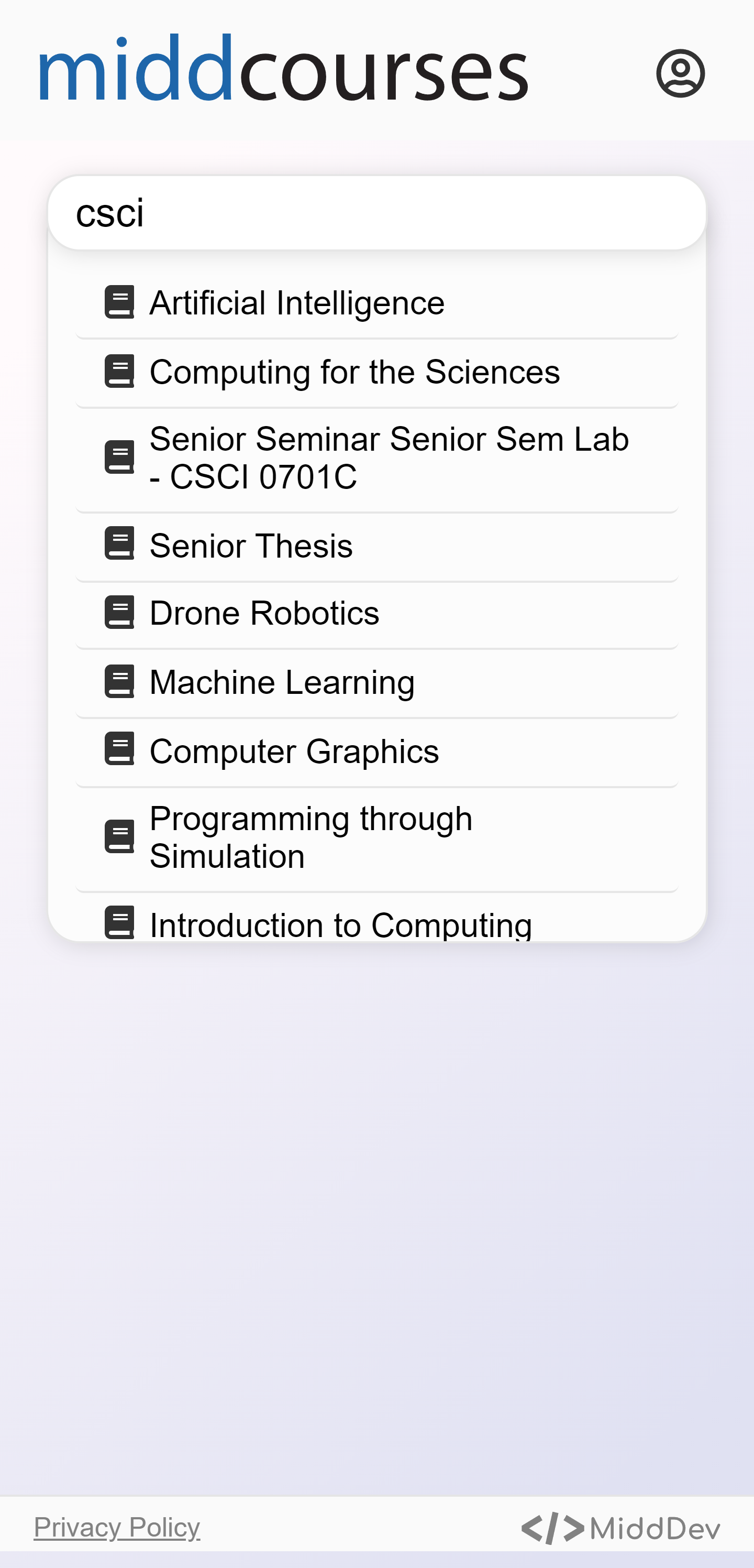 The homepage of midd.courses