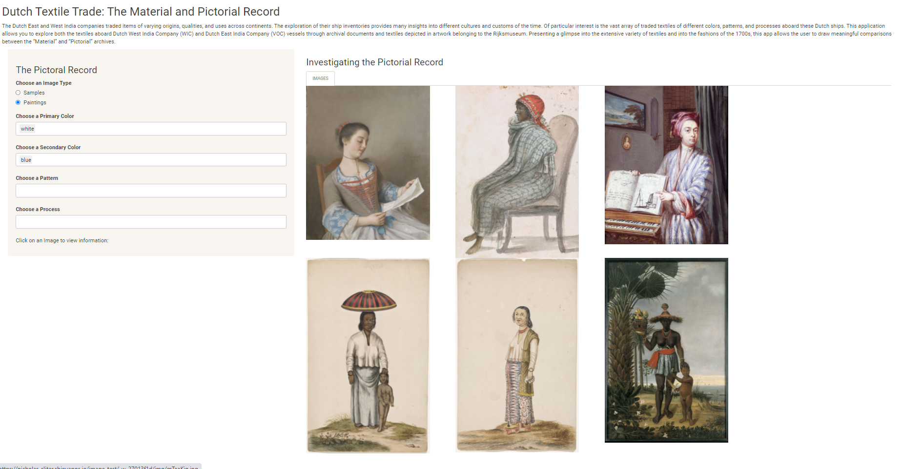 Web interface showing the textile image project